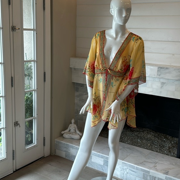 Coldwater Creek Jackets & Blazers - Coldwater Creek Yellow Floral Tie Front Sheer Kimono Jacket Size S/M